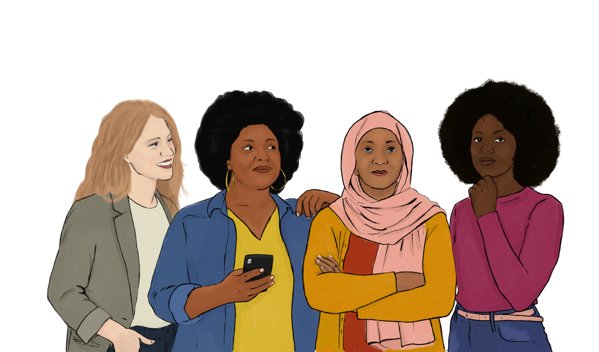 Four empowered women survivors of TFGBV — Digital Dada Podcast illustration